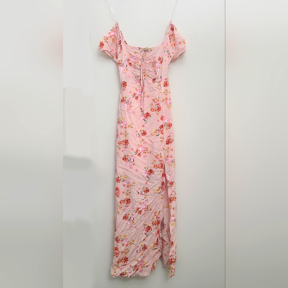 Liberty Love Medium Floral Print Pink Dress Thigh Slit Puffy Sleeves